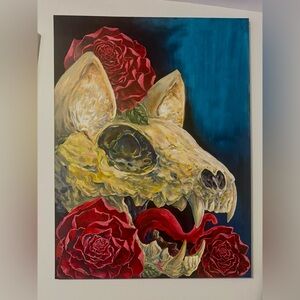 Vibrant Cat Skull and Roses Acrylic Painting